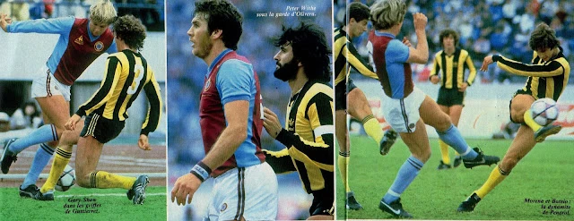 El “Tano” Gutiérrez haciendo una entrada; el “Indio” con la marca en Peter White; En francés: Izquierda: «Gary Shaw dans les griffes de Gutierrez.» Centro: «Peter Withe sous la garde d’Olivera.» Traducción (aproximada) al español: Izquierda: «Gary Shaw en las garras de Gutiérrez.» Centro: «Peter Withe bajo la marca de Olivera.»