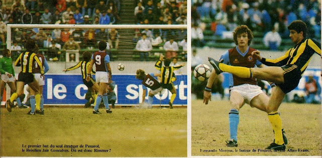 La foto del gol de Jair (izquierda) y una toma de Morena (derecha). Las letras pequeñas dicen: Foto izquierda: «Le premier but du seul étranger de Peñarol, le Brésilien Jair Gonçalves. Où est donc Rimmer ?» Traducción: «El primer gol del único extranjero de Peñarol, el brasileño Jair Gonçalves. ¿Dónde está entonces Rimmer?» (Rimmer es el golero de Aston Villa). Foto derecha: «Fernando Morena, le buteur de Peñarol, contre Allan-Evans.» Traducción: «Fernando Morena, el goleador de Peñarol, frente a Allan Evans.»