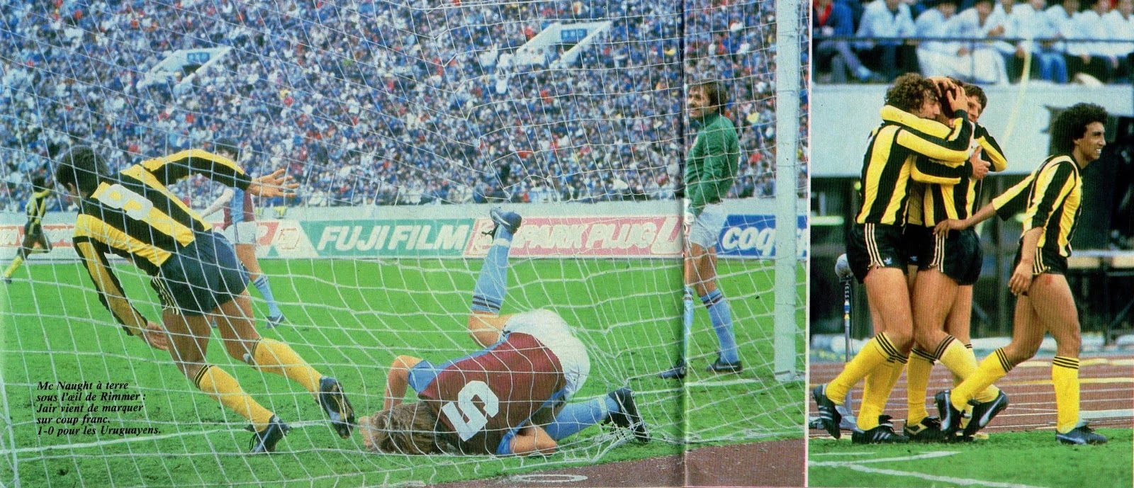 Inédita foto del “Nando” en el primer gol de Peñarol; El “Tano”, Bossio y Venancio abrazándolo en el festejo.